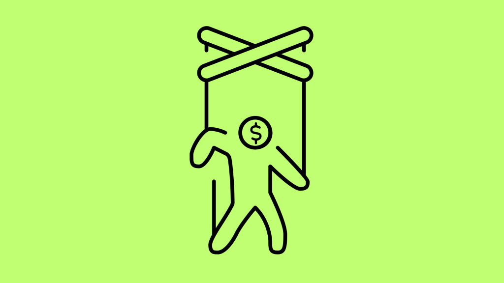 A minimal icon of a person being manipulated by a social engineering cyber attack, with puppet wires attached to appendages, their head replaced with the US Dollar symbol.