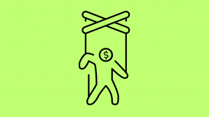 A minimal icon of a person being manipulated by a social engineering cyber attack, with puppet wires attached to appendages, their head replaced with the US Dollar symbol.