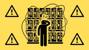 Illustration of a confused figure standing in front of tangled server racks with warning icons, representing IT misconfiguration and server security risks.