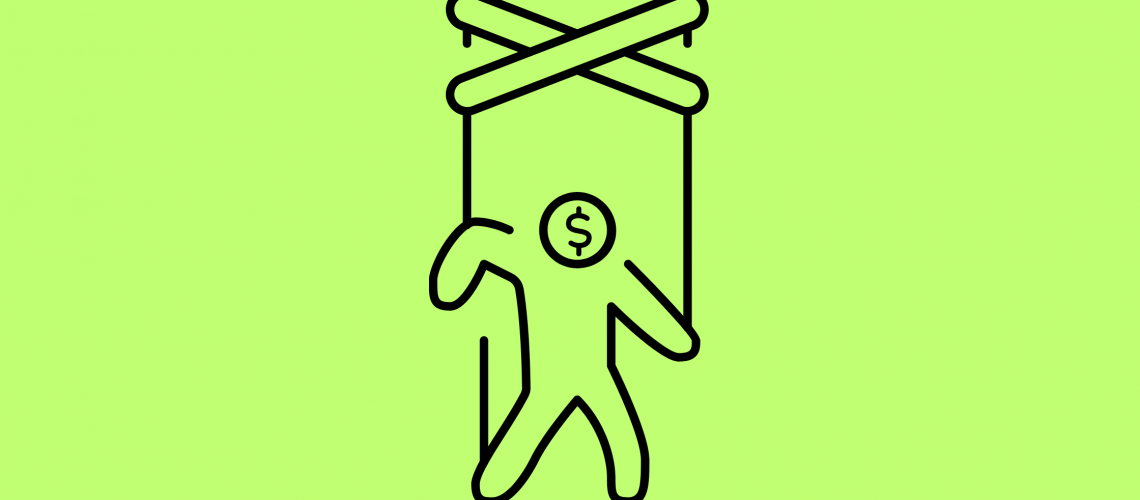 A minimal icon of a person being manipulated by a social engineering cyber attack, with puppet wires attached to appendages, their head replaced with the US Dollar symbol.
