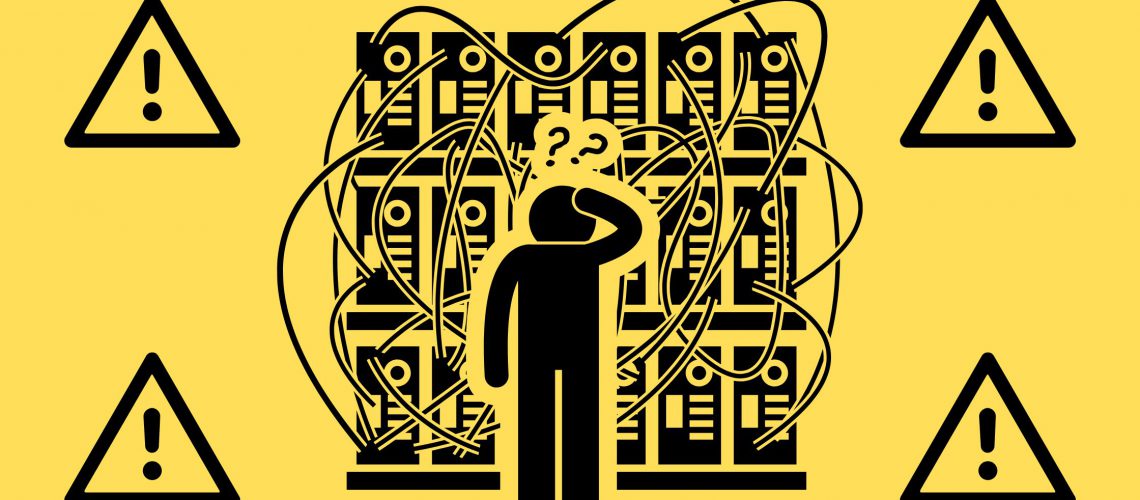 Illustration of a confused figure standing in front of tangled server racks with warning icons, representing IT misconfiguration and server security risks.